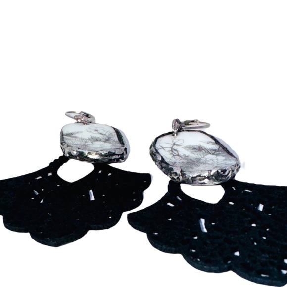 Broken China Chandelier Earrings Artisan Brutalist Glam Bezels & Faux Leather - Picture 10 of 15